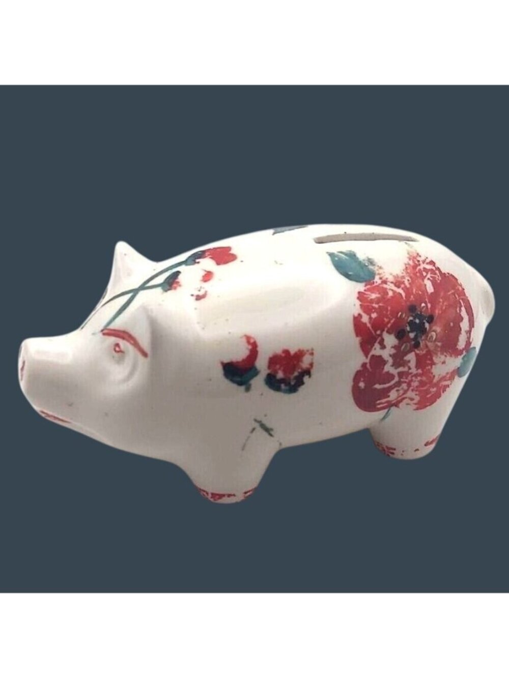 Vintage Ceramic Piggy Bank Hand Painted Floral Stopperless 40s Mid-Century MCM